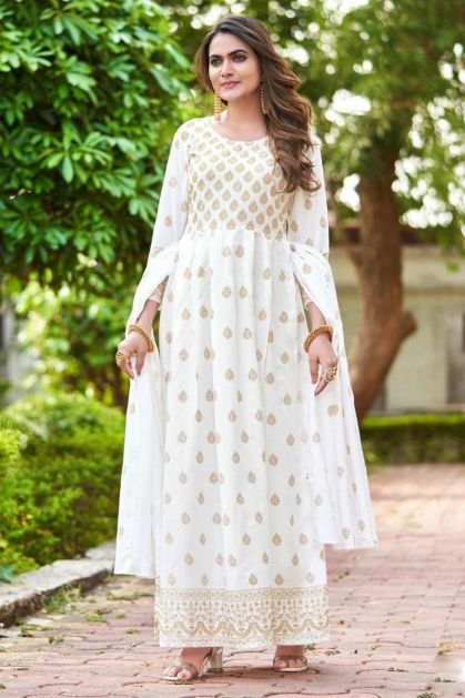 Straight Style Georgette Fabric White color Kurti with Thread Mirror   Beads work and Shantoon fabric Bottom with Georgette fabric Dupatta