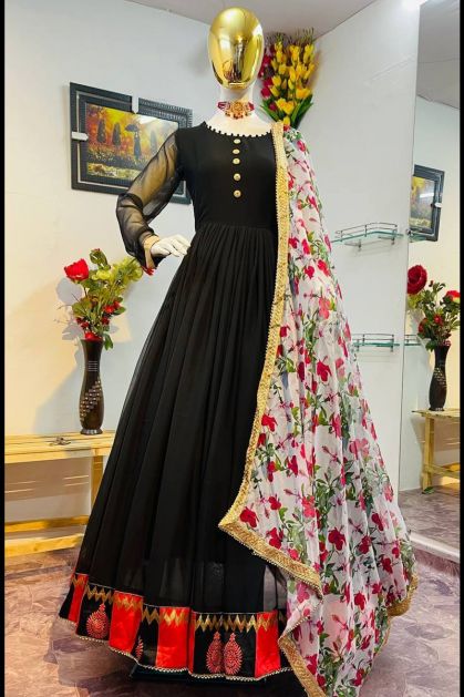 Long Anarkali Suit in Black Color Shaded Net - www.kaneesha.com