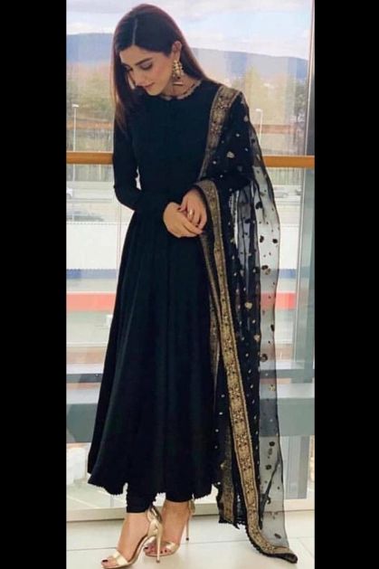 Black Plain Anarkali Gown With Stylish Dupatta
