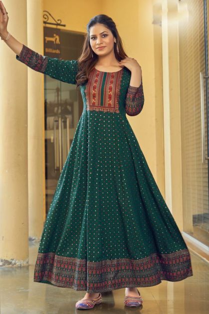 Bottle Green Anarkali Suit With Butti Work Paired With Contrasting Yellow  Dupatta – Viraaya By Ushnakmals