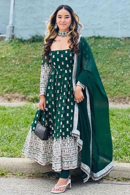 Long Maxi Length Western Gown With Puff Sleeve for Women (Dark green)