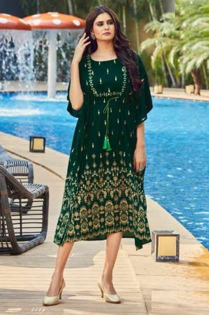 BUY ONLINE PARTY WEAR NAVY BLUE LONG GOWN TYPE KURTI WITH FOIL PRINT AND  MIRROR HAND WORK FROM FASHION BAZAR.
