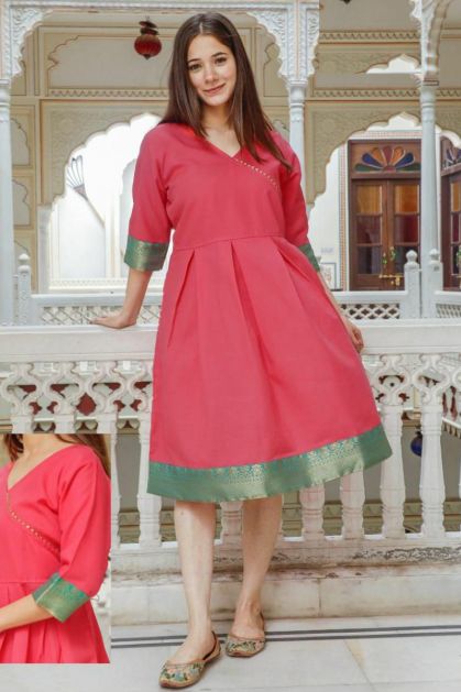 Kurti Set Red Cotton Frock Style with Collar and Contrast Palazzo  MemSaheb