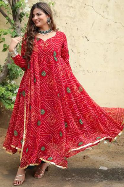 Ethnic Indian Red Chiffon Bandhani Printed Gown
