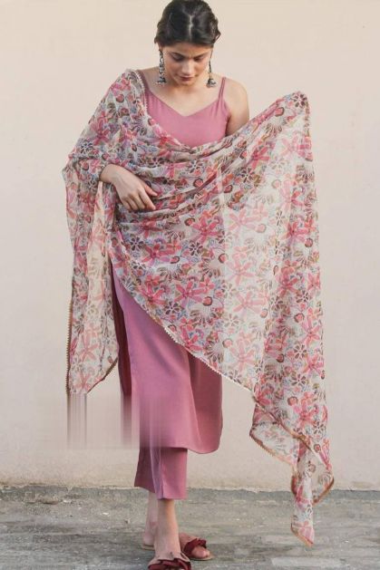 Heather Color Plain Straight Salwar Suit With Flower Printed Dupatta