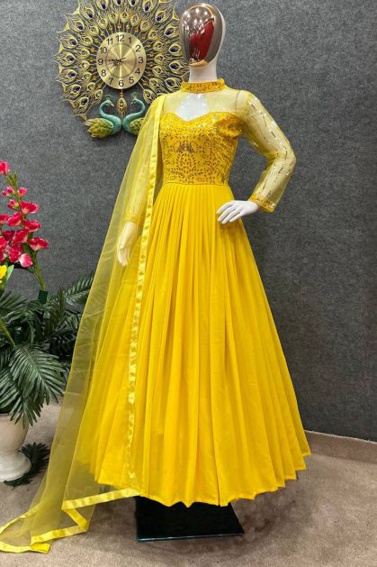Yellow Spaghetti Strap Mermaid Lace Appliqued Long Prom Dress, Sweep T –  Vickidress