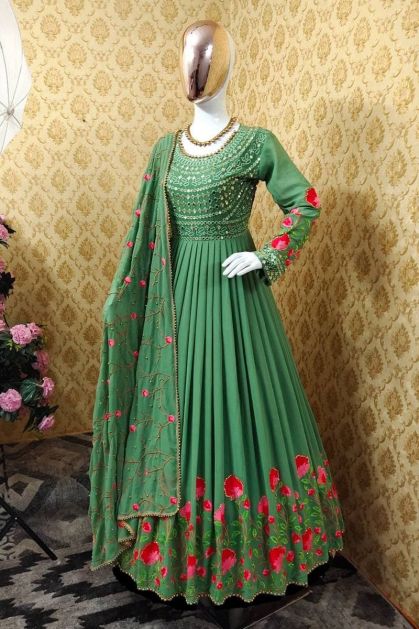 Light Green Flower Printed Faux Georgette Gown