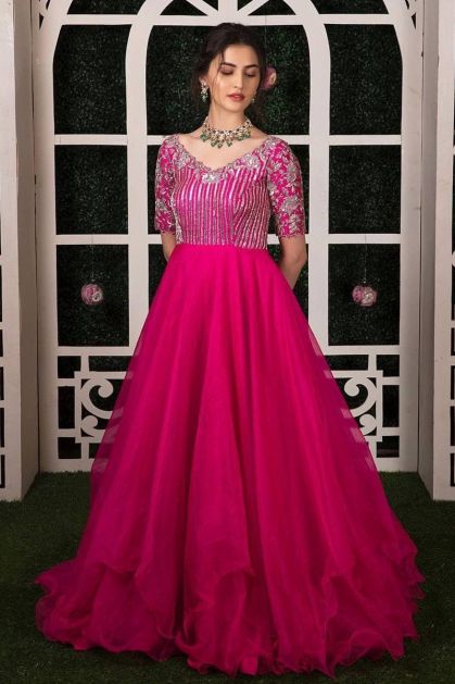 Buy Rani Pink Indowestern Gown With Embellished Drape And Extended Floor  Length Sleeve Online - Kalki Fashion