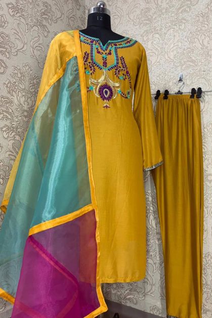 Buy Mustard Yellow Hand Work Georgette Festive Wear Pant Salwar Suit from  Ethnic Plus