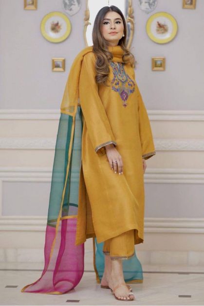Buy Lemon Yellow Zariwork Crepe Unstitched Salwar Suit - Koskii