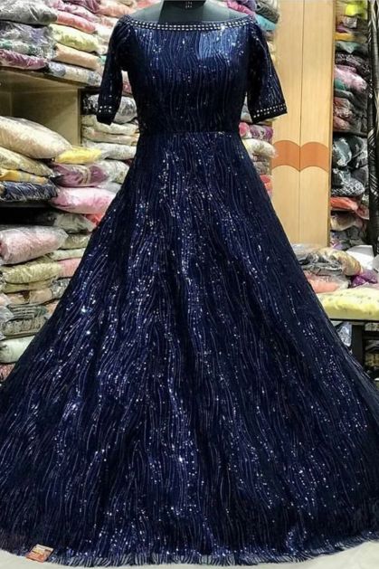 Georgette Navy Blue Color Mesmeric Readymade Gown With Dupatta