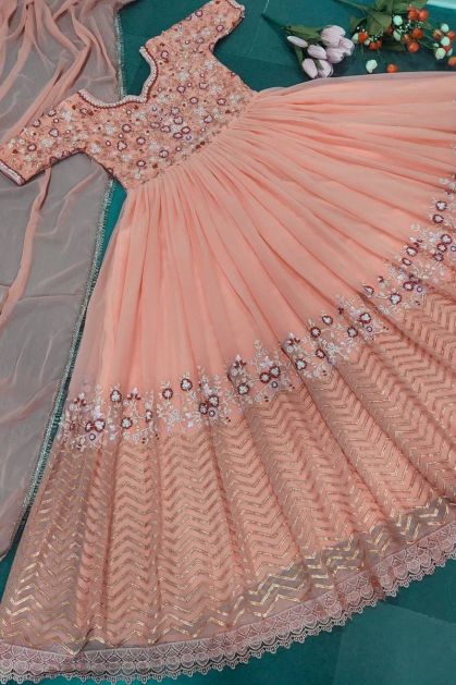 Buy Radiant Peach Embroidered Wedding Anarkali Gown - Inddus.com.