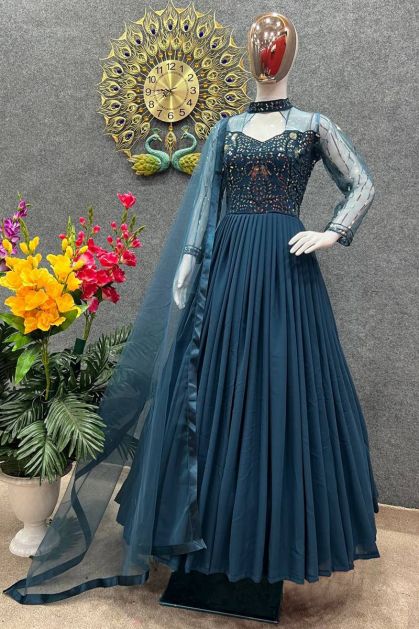 Prussian Blue Heavy Embroidery Georgette Anarkali Gown - Urban Womania