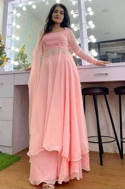 Pink Faux Georgette Plain Anarkali With Palazzo