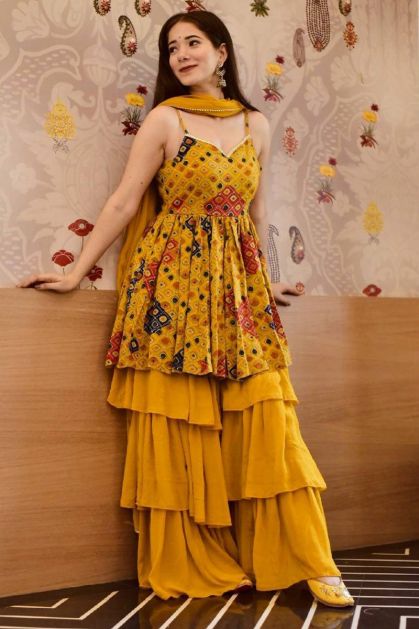 Yellow Heavy Embroidered With Gota Patti Cotton Sharara Suit – Maharani