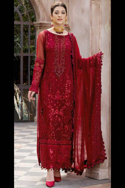 Red Heavy Embroidery Work Straight Salwar Suit