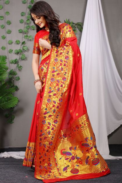 Red And Golden Banarasi Silk Saree | Sudathi