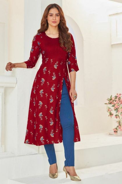 Buy Daevish Women's Printed Rayon Keyhole Neck High Side Slit Ankle Lenght  Straight Kurta Online at Best Prices in India - JioMart.