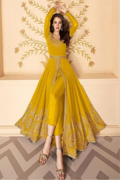 Canary yellow anarkali with metal embroidery – Lady Selection Inc