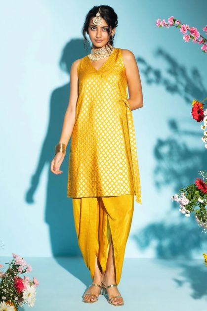 Buy Corn Yellow crepe Dhoti And Satin Crop Top Suit with matching Dupatta