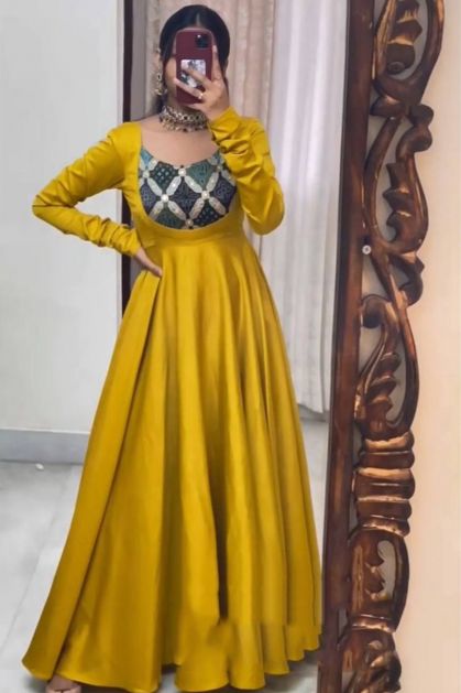 Buy SHYBAEBEE FLOOR LENGTH SILK GOWN FOR WOMEN YELLOW-(Large) at Amazon.in