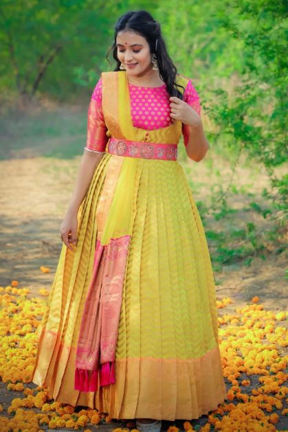 Mustard Yellow Silk Anarkali Dress Set | Anasua